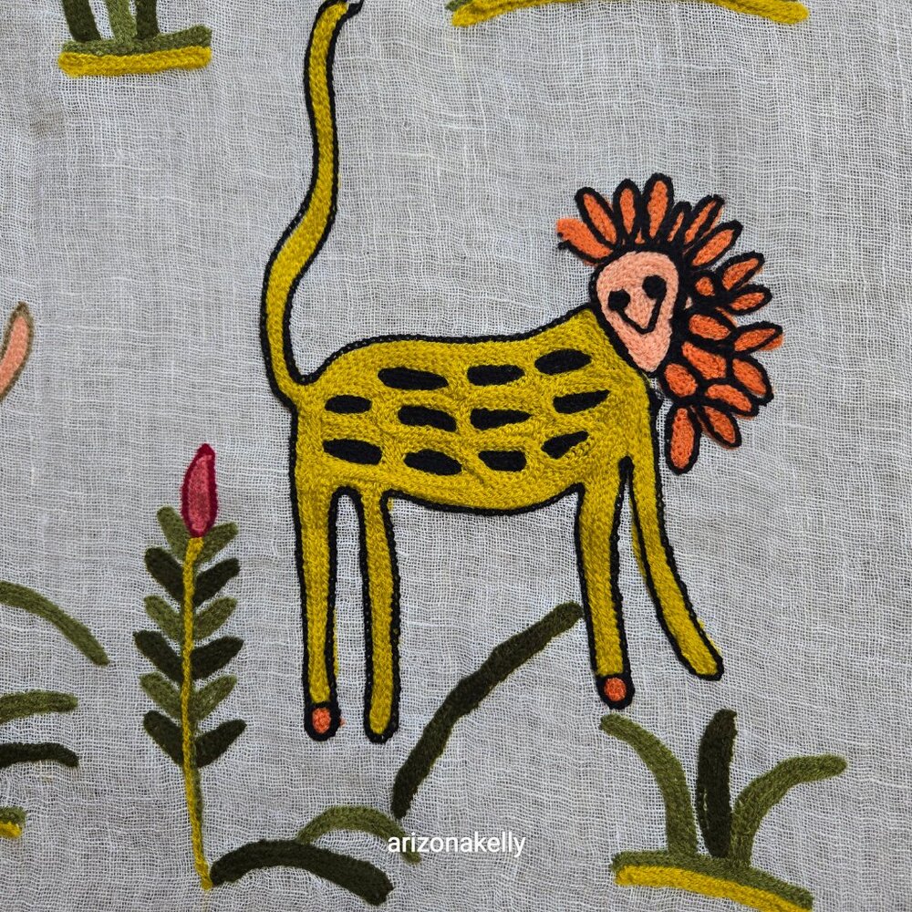 Tolani Linen Scarf Embroidered With Whimsical Animals and Plants - Picture 2 of 11